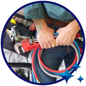 6F HVAC/Plumbing Exemplar image of plumber holding flexible piping and tools.