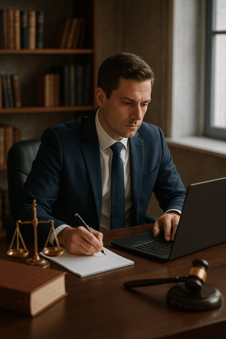 Lawyer in his office making notes for a case whilst researching using a laptop