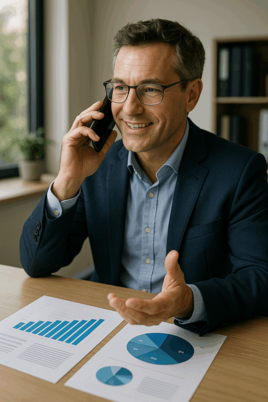 Financial Advisor in office on phone with data paperwork on desk