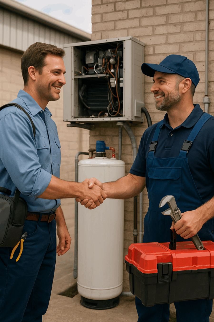 Plumber on-site shaking hands with customer having fixed an issue.