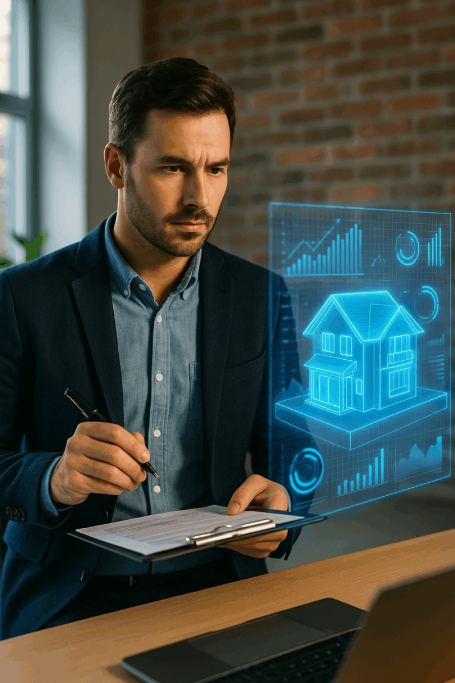 Real Estate agent in his office reviewing AI computer projected house data