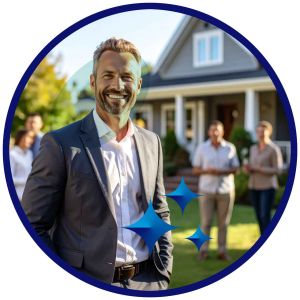 6F Real Estate Exemplar  image of real estate agent showing prospective buyers a house.