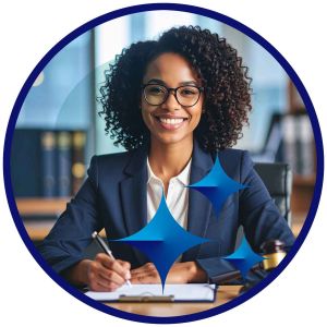 US lawyer smiling because her assistants are using staff -tailored GPT AI agents that draft, review, and follow up, freeing up her time from doing paperwork associated with cases.